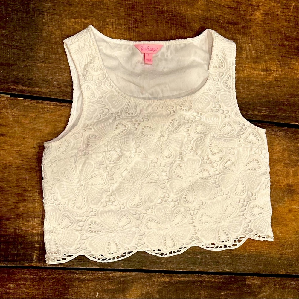 Lilly Pulitzer Lux Dotted Blossom Eyelet
Crop Top in Resort White